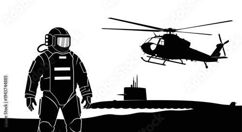 Astronaut, Submarine, Helicopter: Futuristic Military and Space Exploration Concept