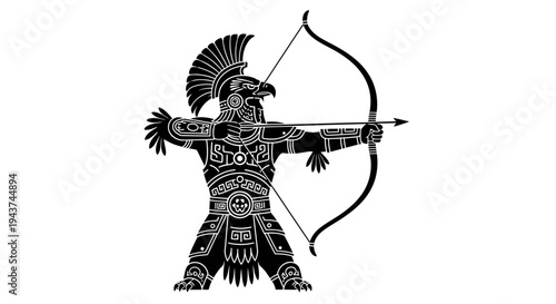 Aztec warrior eagle archer in traditional headdress and armor, aiming bow and arrow