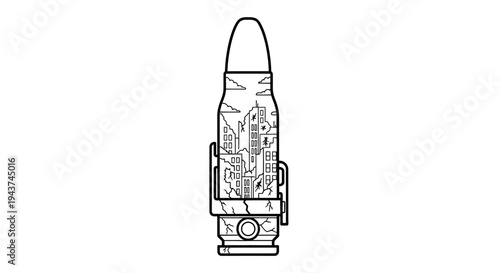 Bullet with Cityscape Inside, Symbolizing Urban Conflict and Destruction