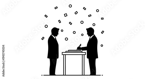 Businessmen signing contract with confetti celebration, partnership agreement success