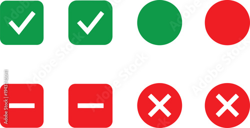 Collection of checkmark and cross symbols in green and red color-coded buttons isolated on transparent background, Vector