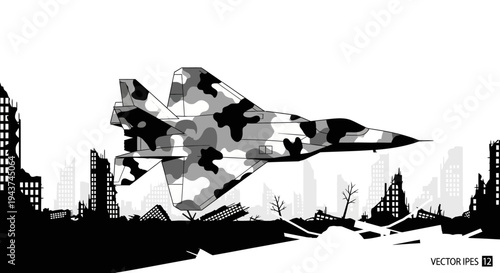 Camouflaged Fighter Jet Flying Over Destroyed Cityscape