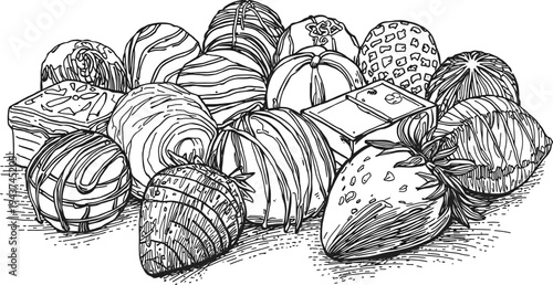 A black and white line art illustration of a delicious assortment of gourmet chocolates and truffles with various textures and decorations.