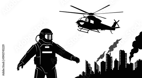 Hazmat Suit, Helicopter, and Smoggy Cityscape - Environmental Disaster Concept