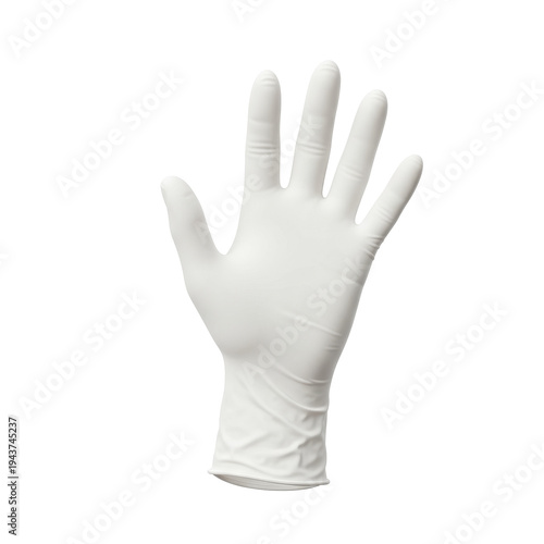 Single White Latex Glove Displaying Open Hand Gesture isolated on white background