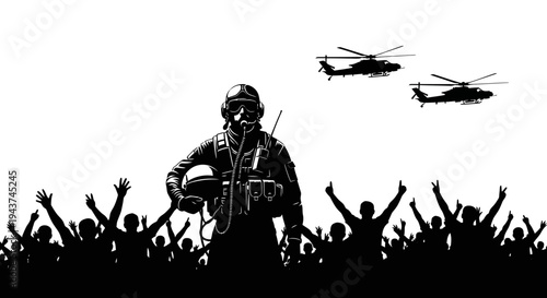 Heroic Pilot Standing Before Cheering Crowd with Helicopters Flying Overhead