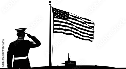Marine Salutes American Flag Flying Over Submarine Silhouette