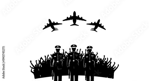 Military Air Show: Pilots and Jets in Formation Above Cheering Crowd