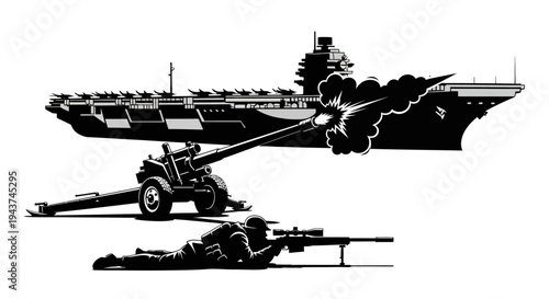Military Aircraft Carrier, Artillery Cannon Firing, Sniper Aiming - War Concept
