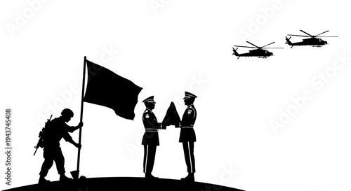 Military Ceremony: Soldiers Planting Flag, Helicopters Fly Over