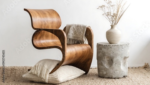 Modern wooden armchair with textured pillows and dried grass in a vase furniture