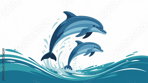 Two dolphins jumping out of ocean waves in a dynamic aquatic scene with white background