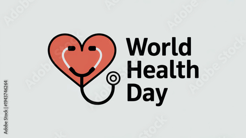 World health day logo with stethoscope wrapped around red heart on gray background symbolizing healthcare and wellness