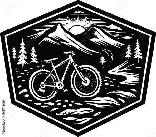 Mountain biker rides through scenic landscape with bike on rocky terrain surrounded by trees and mountains.