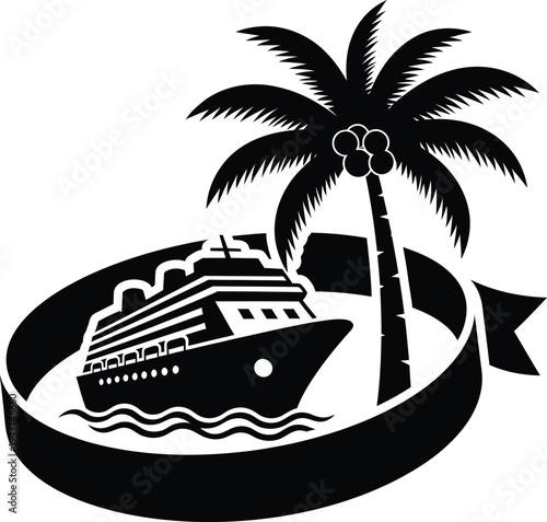 A cruise ship sails near a tropical island with palm trees and a ribbon banner