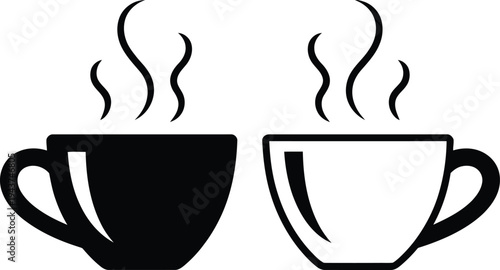 Two steaming cups of coffee illustrated in a minimalist black and white design isolated on transparent background, Vector