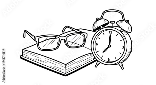 Classic Alarm Clock with Reading Glasses and Book.