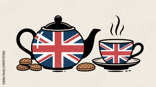 British tea set with union jack design teapot cup saucer and cookies on beige background traditional english breakfast