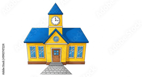 Yellow School Building with Clock Tower.