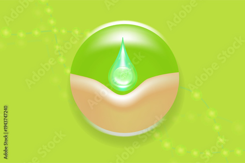 Hyaluronic acid and Niacinamide skin solutions ad, green collagen serum drops into skin cell with cosmetic advertising background ready to use, illustration vector.	