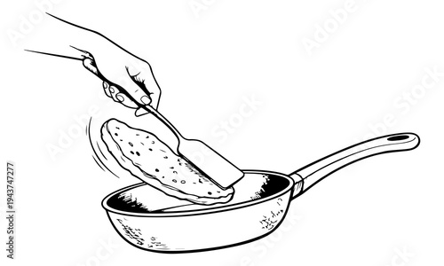hand drawn frying pan with food and spatula doodle icon outline style vector illustration