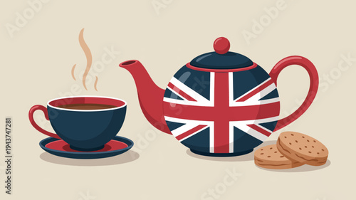 Traditional british tea set with union jack teapot and steaming cup on saucer with biscuits