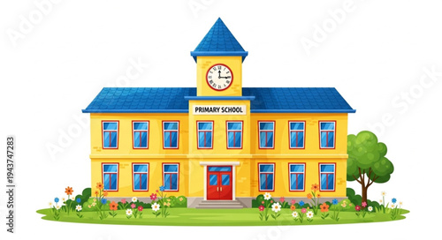Yellow School Building with Clock Tower.