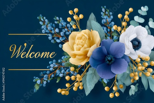 Welcome text with elegant floral bouquet on dark blue