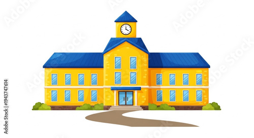 Yellow School Building with Clock Tower.