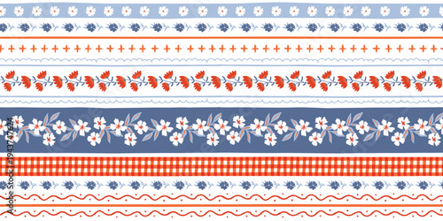 Seamless floral stripe pattern folk inspired horizontal borders with delicate flowers, gingham accents, scalloped lines in blue, red, white background for fabric, wallpaper and wrapping paper..