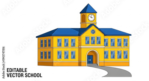 Yellow School Building with Clock Tower.