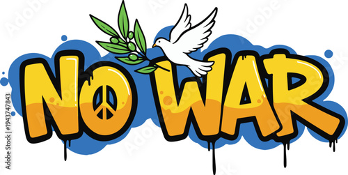 No War Graffiti Vector Illustration with White Peace Dove, Olive Branch, and Drip Effects on Vibrant Green Background; Perfect for Anti-War Activism and Social Justice Campaigns.