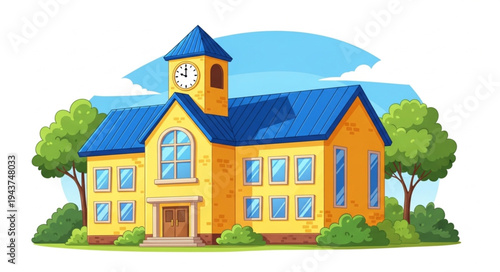 Yellow School Building with Clock Tower.