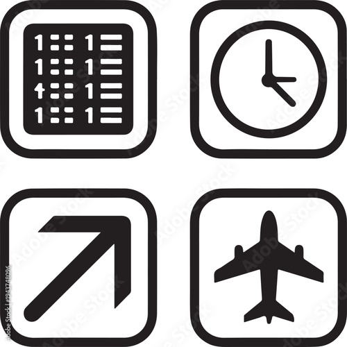 Four black and white of a spreadsheet, clock, arrow, and airplane