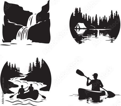 Black and White Nature Scenes with Water Activities and Landscapes
