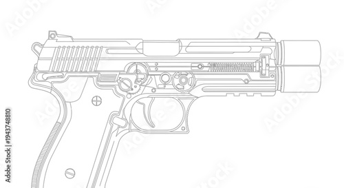 Detailed Blueprint of a Silenced Pistol: Technical Drawing, Firearm Mechanism, and Weaponry