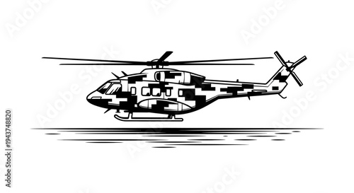 Digital Camouflage Helicopter Flying Over Abstract Ground Lines