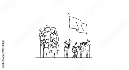 Family and marching band celebrate with flag