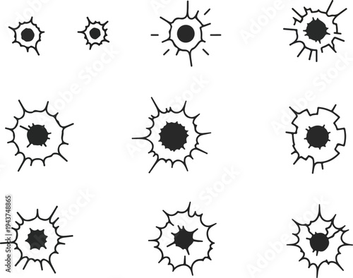 Set of nine unique bullet hole illustrations, appearing as impact marks with jagged edges