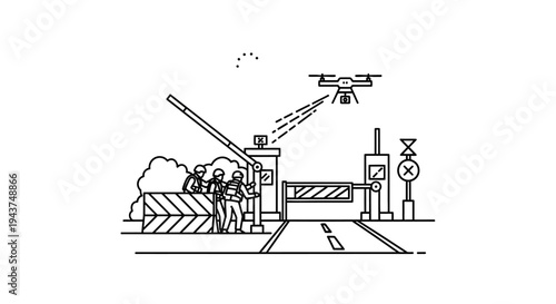 Drone Surveillance Over Military Checkpoint with Soldiers and Barrier