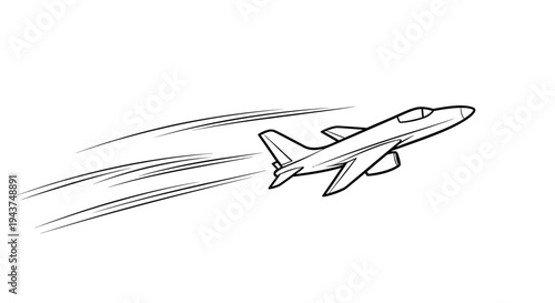 Fast Jet Airplane Flying, Speed Lines, Aviation, Military Aircraft, Black and White Illustration
