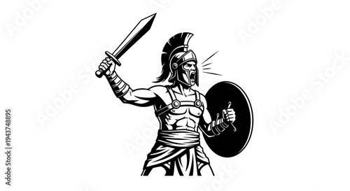 Fierce Gladiator Warrior with Sword and Shield, Roaring in Battle
