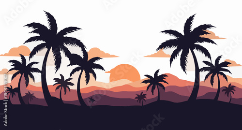 Tropical sunset landscape with palm trees and mountains vector illustration EPS 10