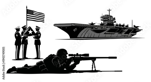 Military Collage: Soldier Sniper, Aircraft Carrier, Flag Folding Ceremony