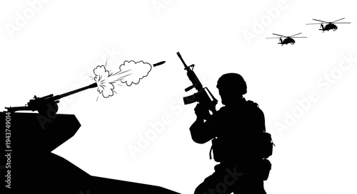 Military combat scene: soldier firing rifle, tank firing, helicopters flying