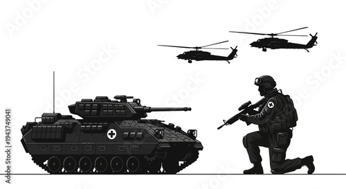 Military Combat Scene: Tank, Soldier, Helicopters in Pixel Art Style
