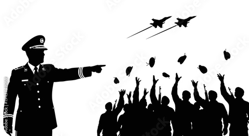 Military commander directs air force jets dropping bombs on cheering crowd, symbolic illustration