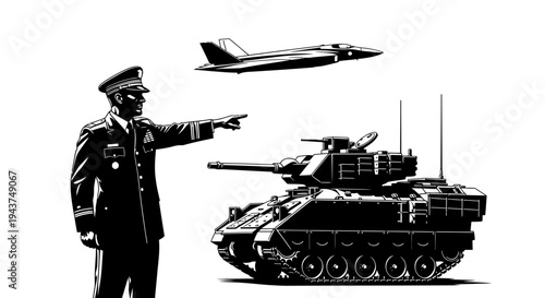 Military Commander Directs Air and Ground Forces: Tank and Jet Fighter