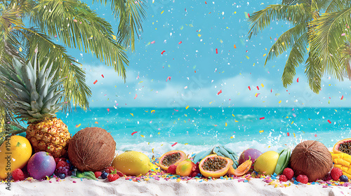 Tropical beach giveaway banner with fresh fruit, coconut and confetti creating festive summer celebration mood