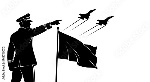 Military Commander Directs Air Force Jets with Flag Waving, Silhouette